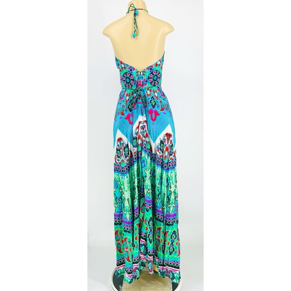 Shahida Parides Convertible Blue Multi Printed Silk Maxi Dress Eclectic One Size - Picture 4 of 10